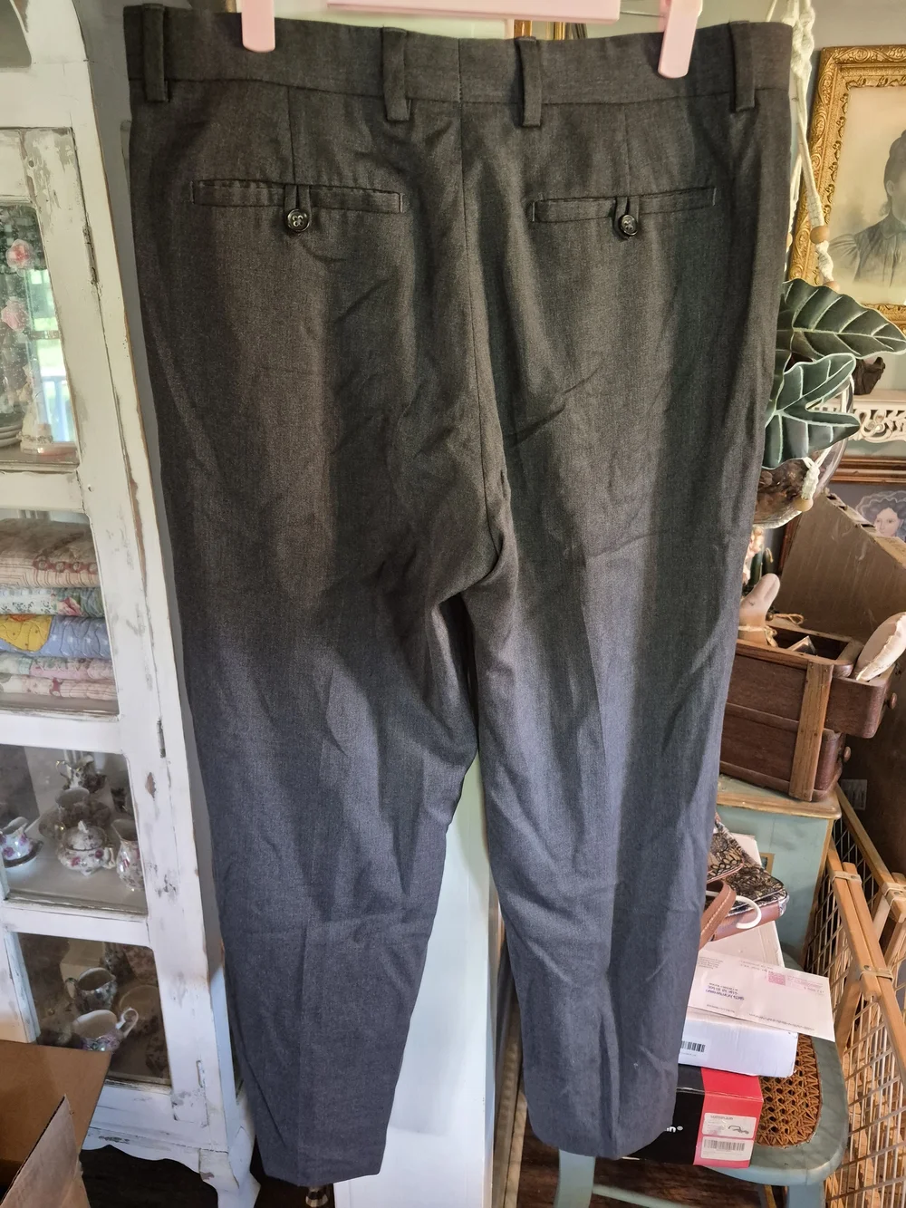 grey dress pants from Banana Republic, sized 34x34. These feature a classic flat